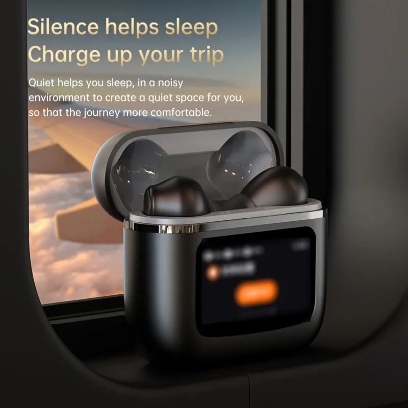 Wireless Earbuds with LCD Touch Screen Display, Smart Noise-Canceling Sleep-Aid Earphones, Ergonomic Design, 40-Hour Long Battery Life,